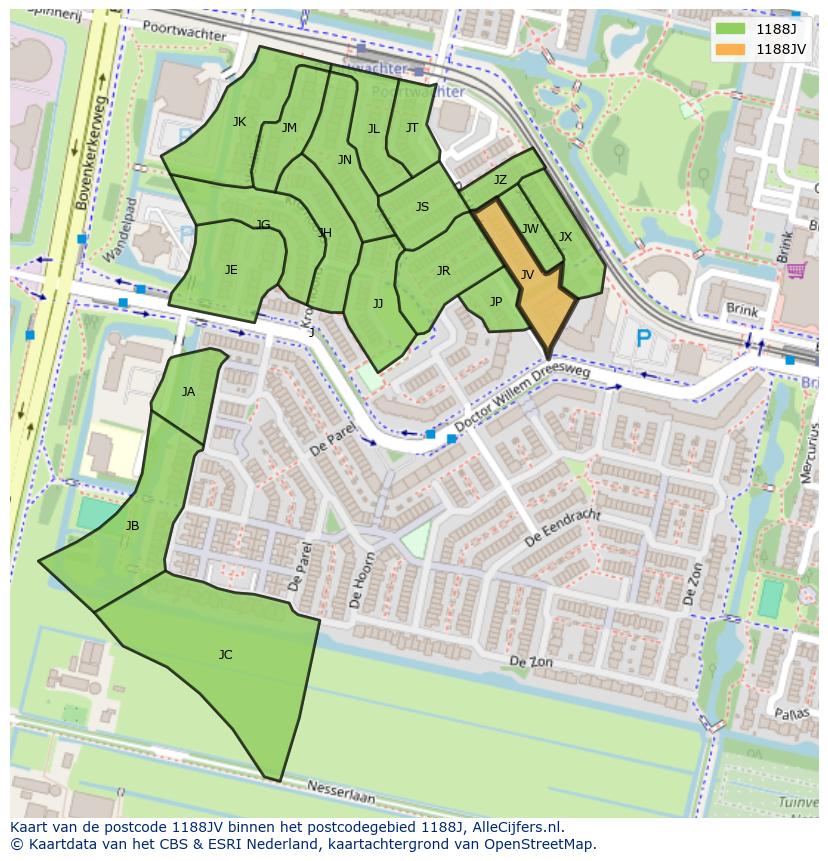 Afbeelding van het postcodegebied 1188 JV op de kaart.