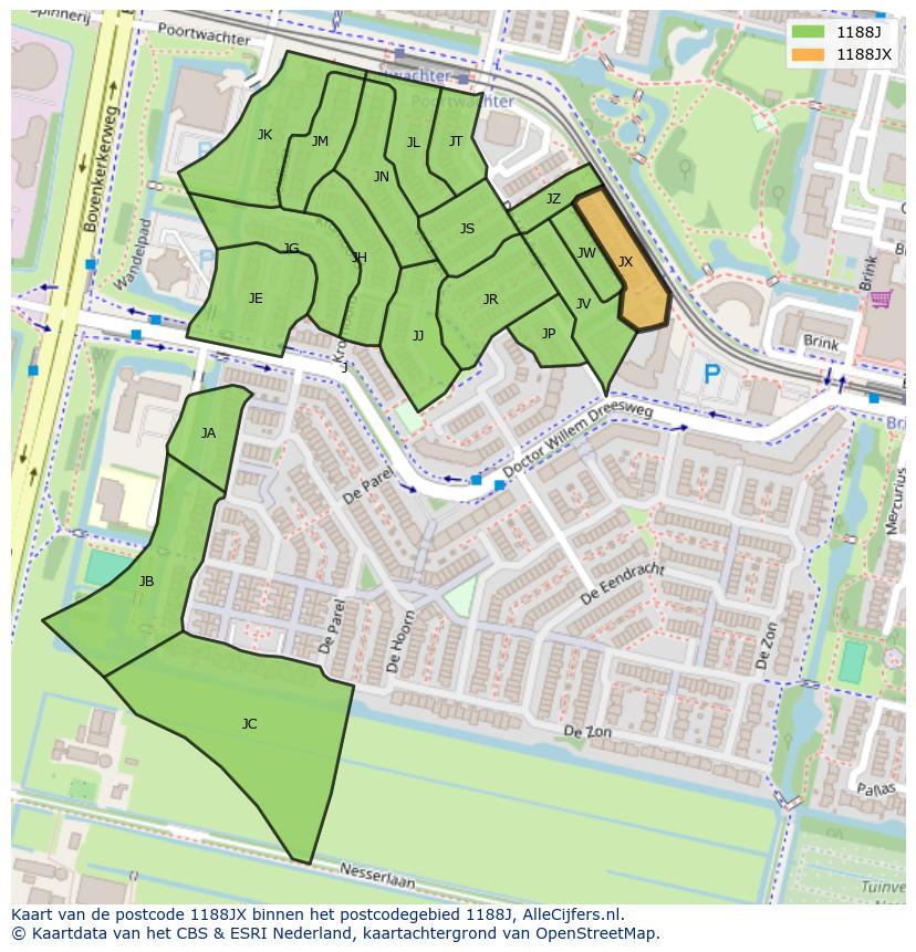 Afbeelding van het postcodegebied 1188 JX op de kaart.