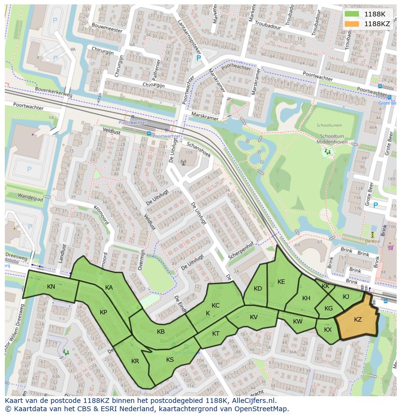 Afbeelding van het postcodegebied 1188 KZ op de kaart.