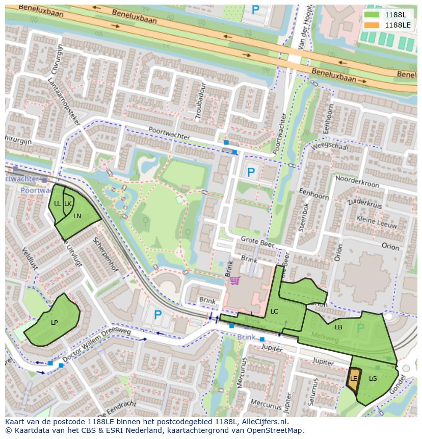 Afbeelding van het postcodegebied 1188 LE op de kaart.