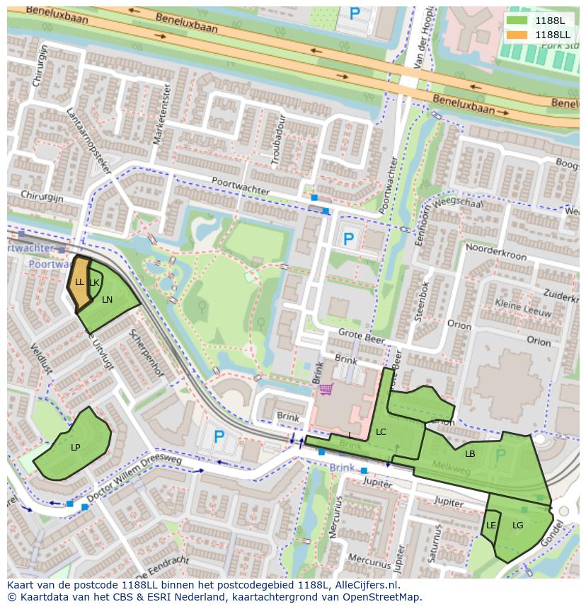 Afbeelding van het postcodegebied 1188 LL op de kaart.