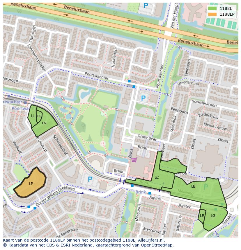 Afbeelding van het postcodegebied 1188 LP op de kaart.