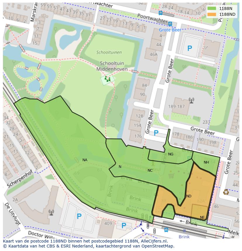 Afbeelding van het postcodegebied 1188 ND op de kaart.