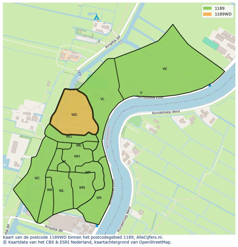 Afbeelding van het postcodegebied 1189 WD op de kaart.