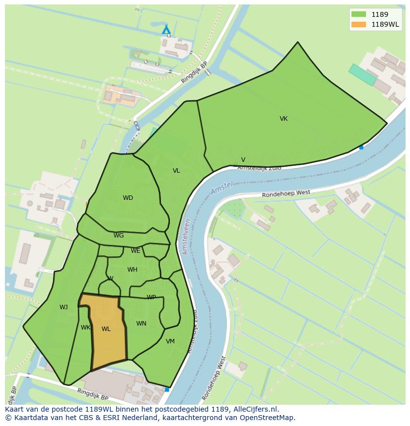 Afbeelding van het postcodegebied 1189 WL op de kaart.