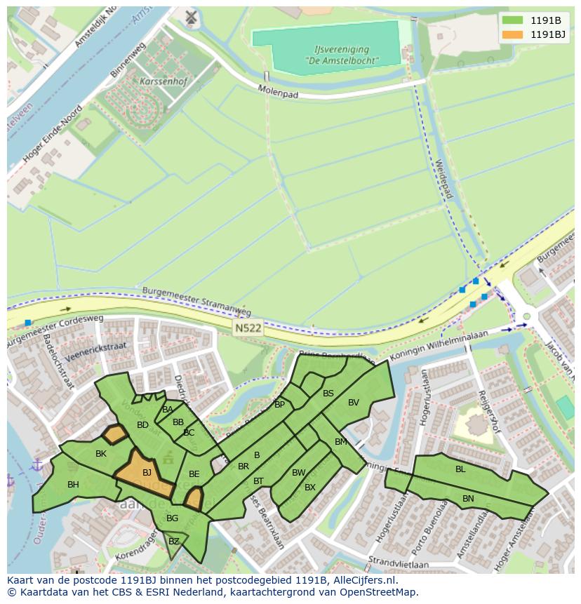 Afbeelding van het postcodegebied 1191 BJ op de kaart.