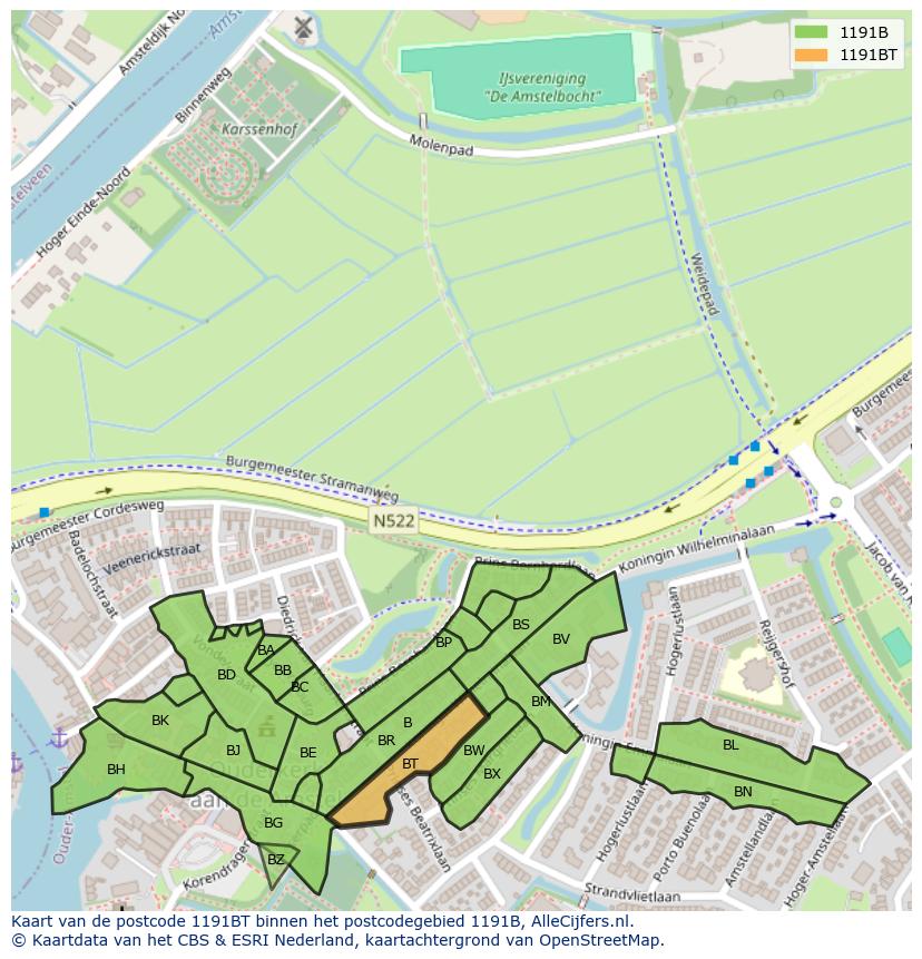 Afbeelding van het postcodegebied 1191 BT op de kaart.