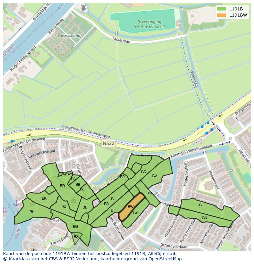 Afbeelding van het postcodegebied 1191 BW op de kaart.