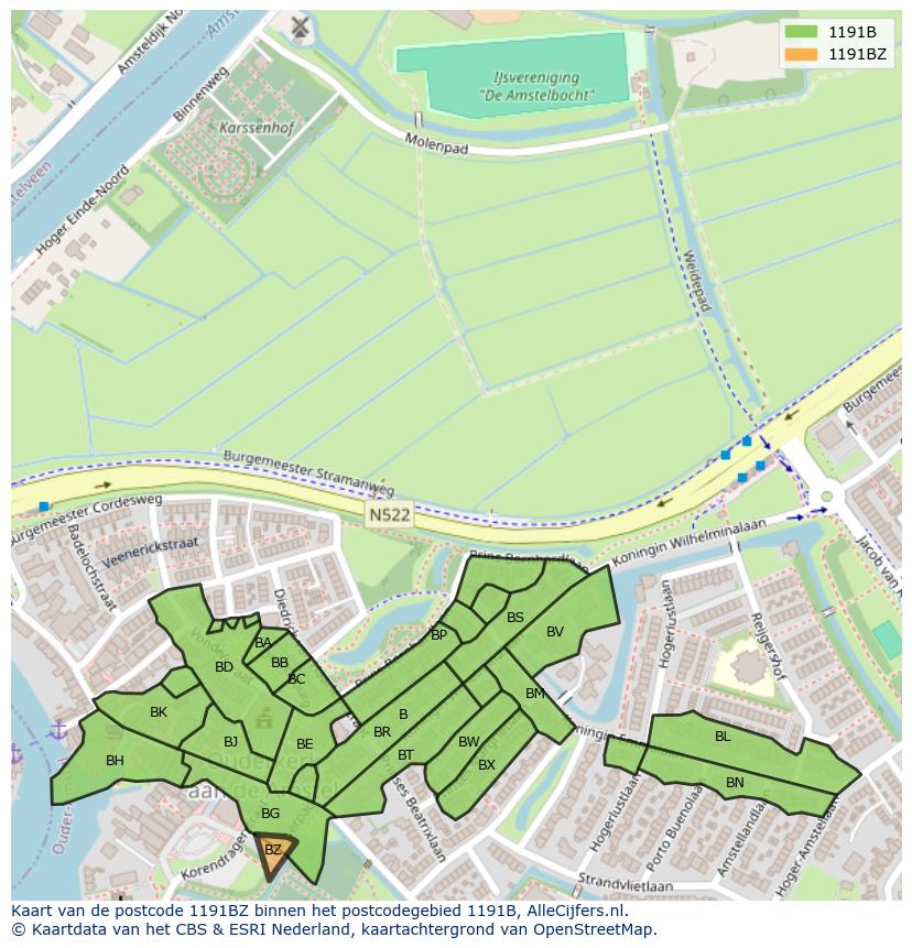 Afbeelding van het postcodegebied 1191 BZ op de kaart.