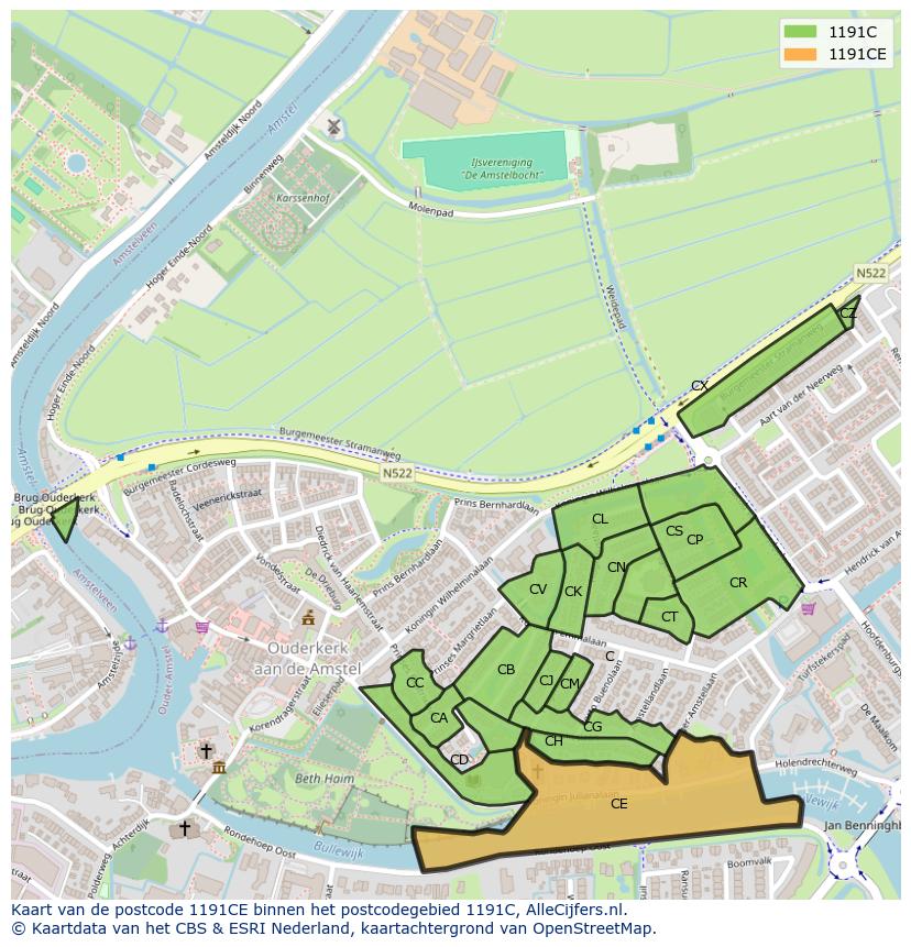 Afbeelding van het postcodegebied 1191 CE op de kaart.