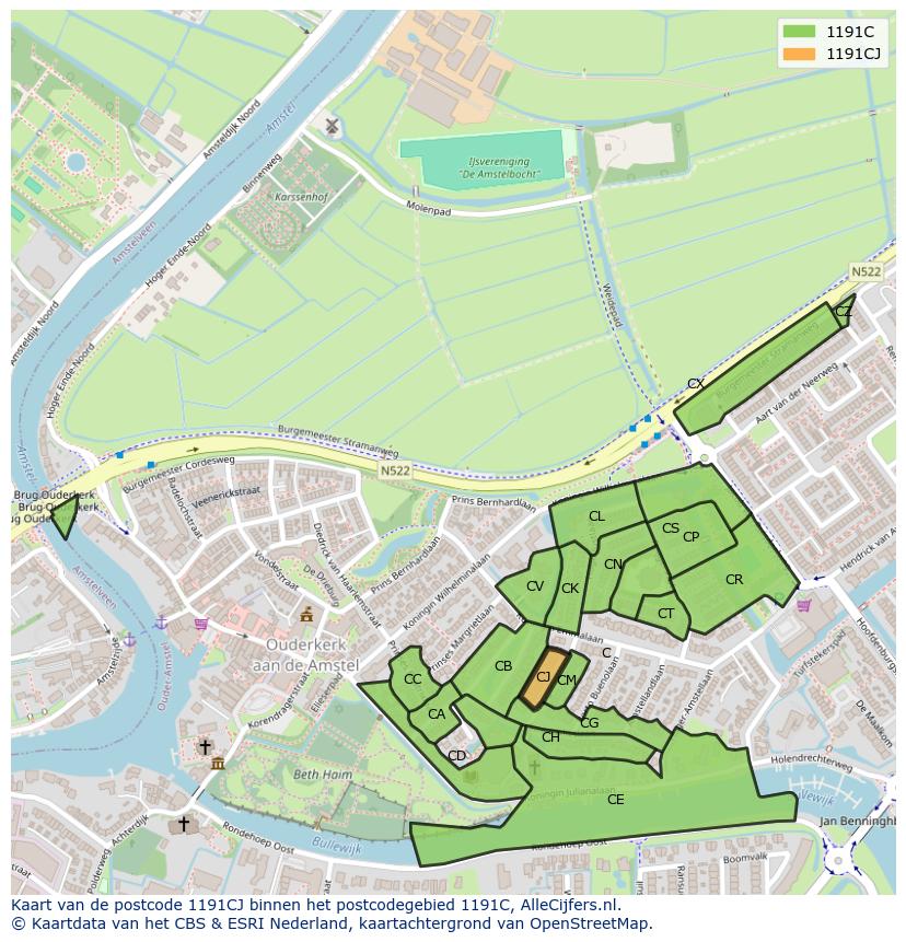 Afbeelding van het postcodegebied 1191 CJ op de kaart.
