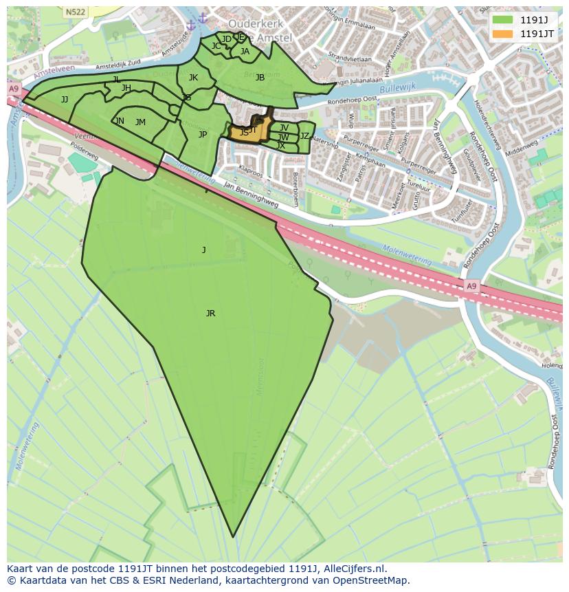 Afbeelding van het postcodegebied 1191 JT op de kaart.