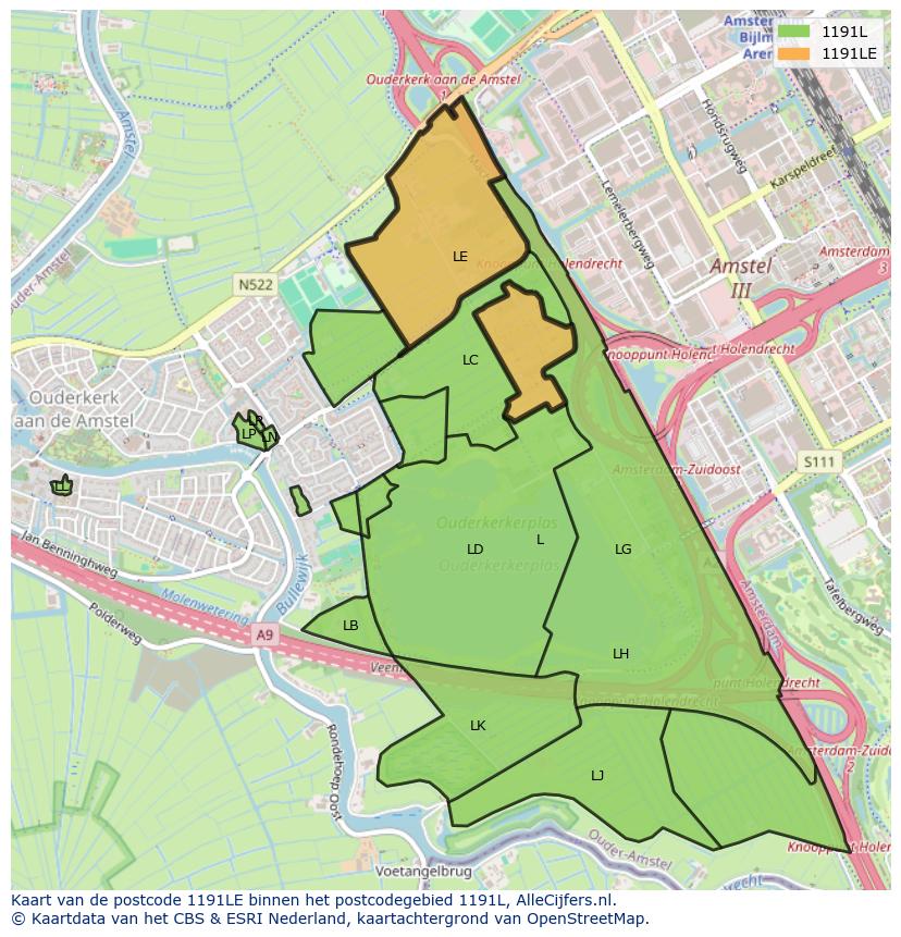 Afbeelding van het postcodegebied 1191 LE op de kaart.