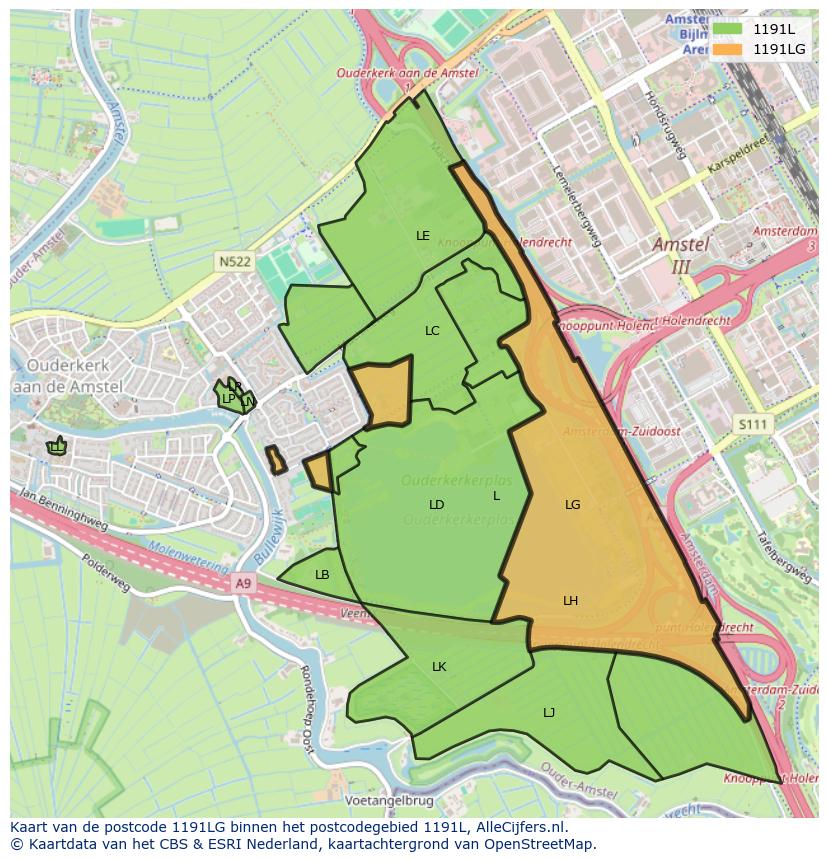 Afbeelding van het postcodegebied 1191 LG op de kaart.