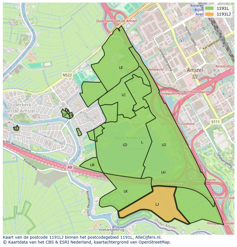 Afbeelding van het postcodegebied 1191 LJ op de kaart.
