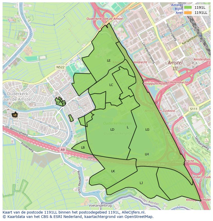 Afbeelding van het postcodegebied 1191 LL op de kaart.