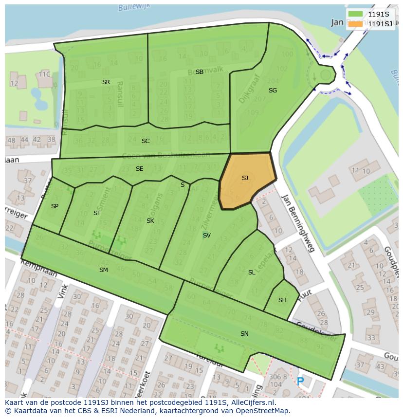 Afbeelding van het postcodegebied 1191 SJ op de kaart.