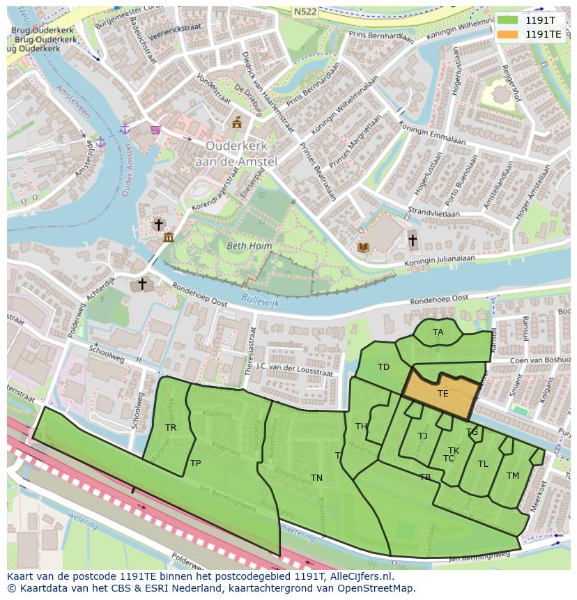 Afbeelding van het postcodegebied 1191 TE op de kaart.