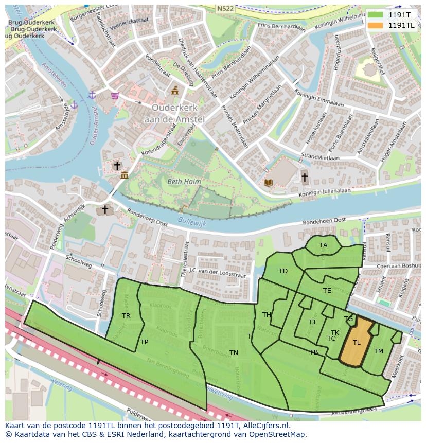 Afbeelding van het postcodegebied 1191 TL op de kaart.