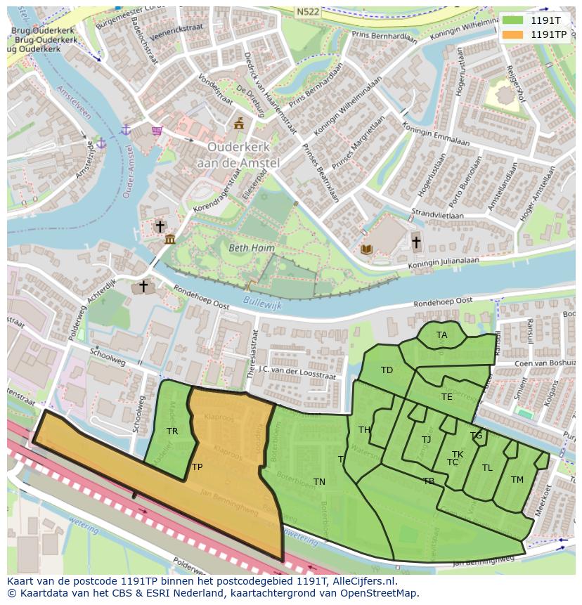 Afbeelding van het postcodegebied 1191 TP op de kaart.
