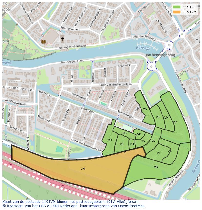 Afbeelding van het postcodegebied 1191 VM op de kaart.