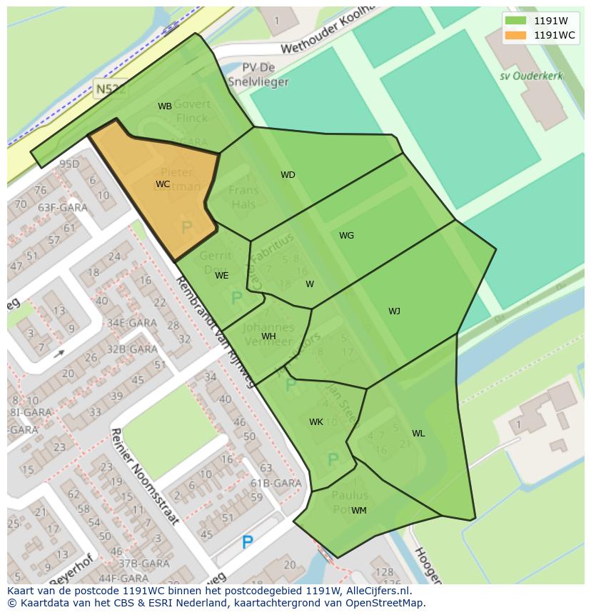 Afbeelding van het postcodegebied 1191 WC op de kaart.