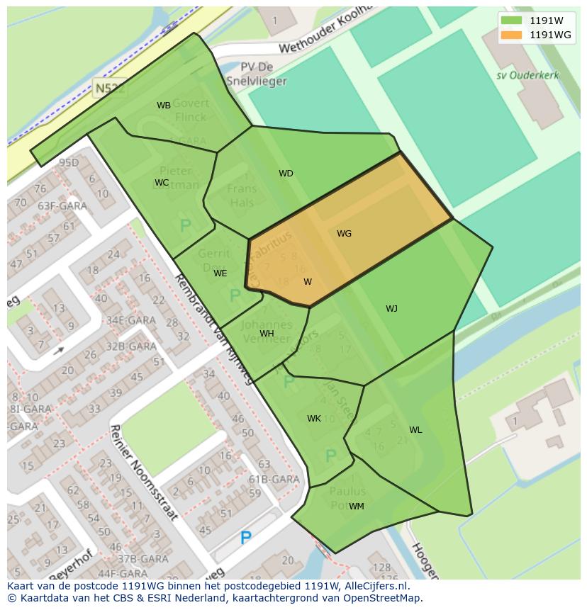 Afbeelding van het postcodegebied 1191 WG op de kaart.