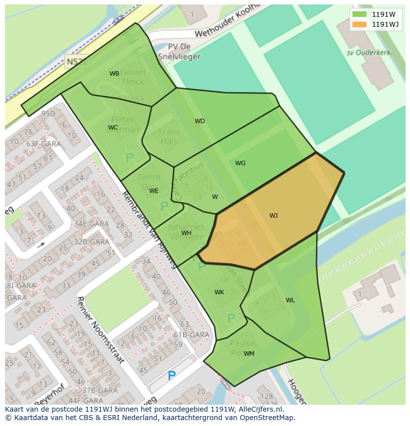 Afbeelding van het postcodegebied 1191 WJ op de kaart.