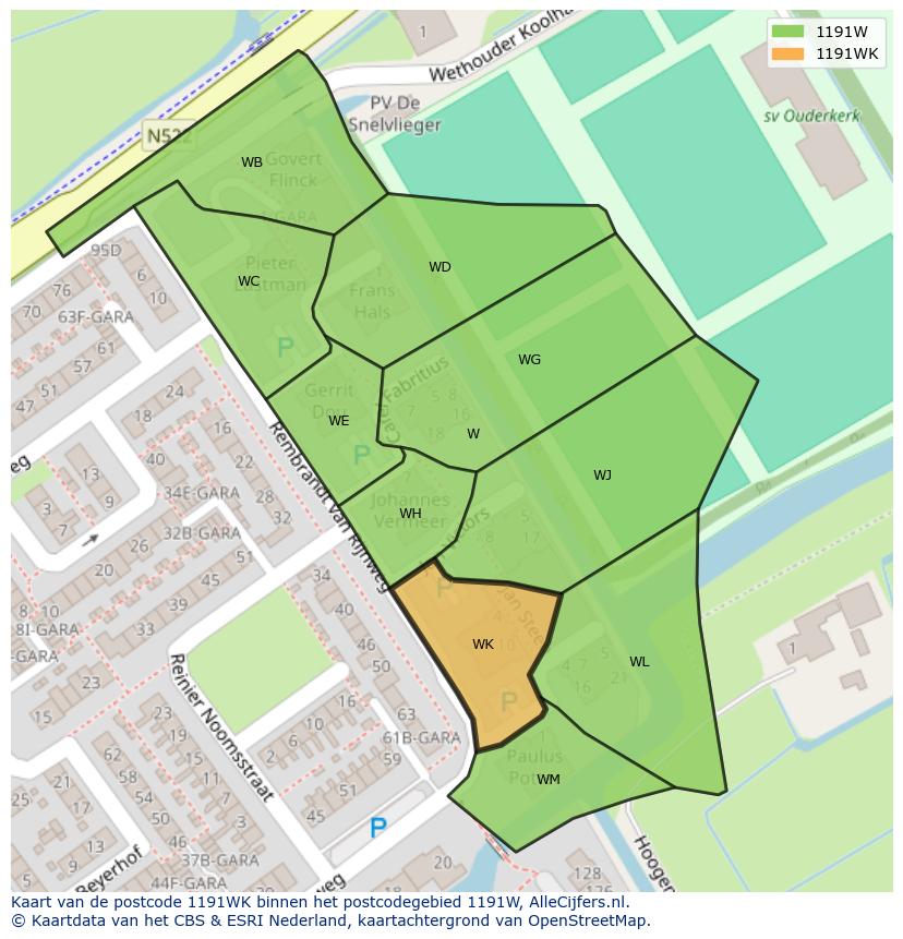 Afbeelding van het postcodegebied 1191 WK op de kaart.