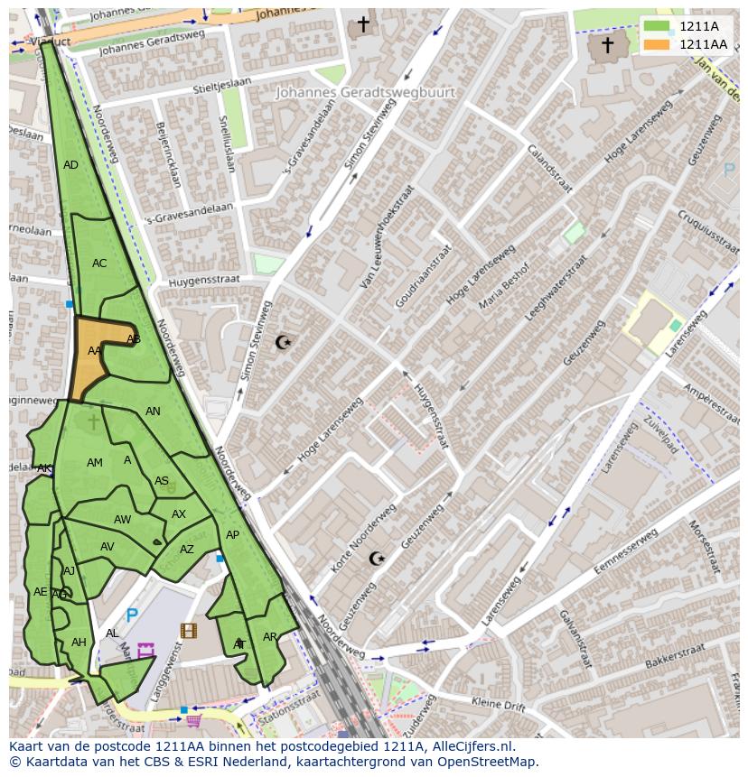 Afbeelding van het postcodegebied 1211 AA op de kaart.