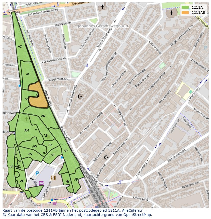 Afbeelding van het postcodegebied 1211 AB op de kaart.