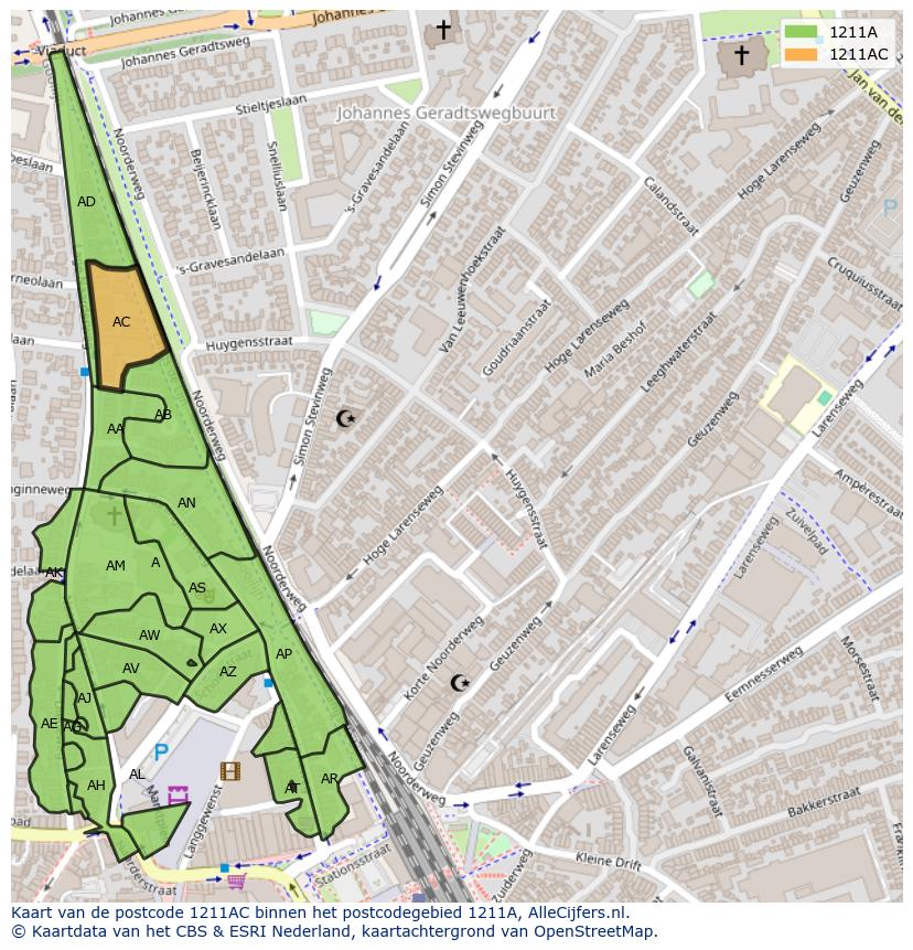 Afbeelding van het postcodegebied 1211 AC op de kaart.
