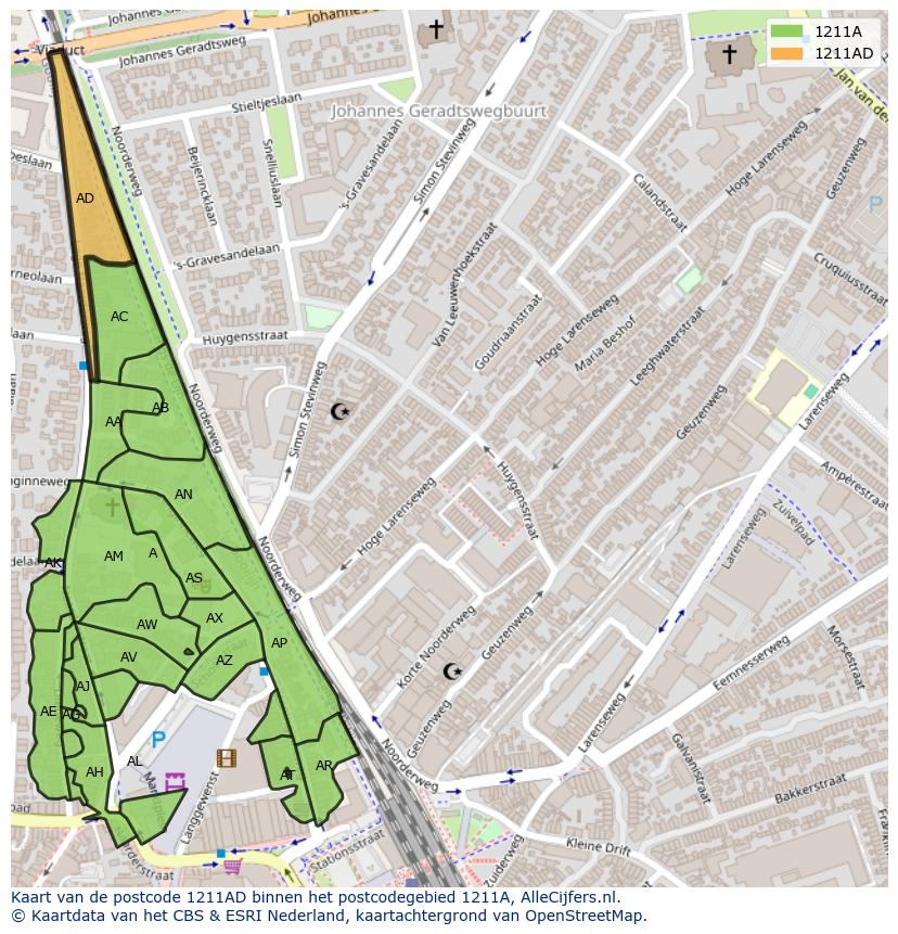 Afbeelding van het postcodegebied 1211 AD op de kaart.