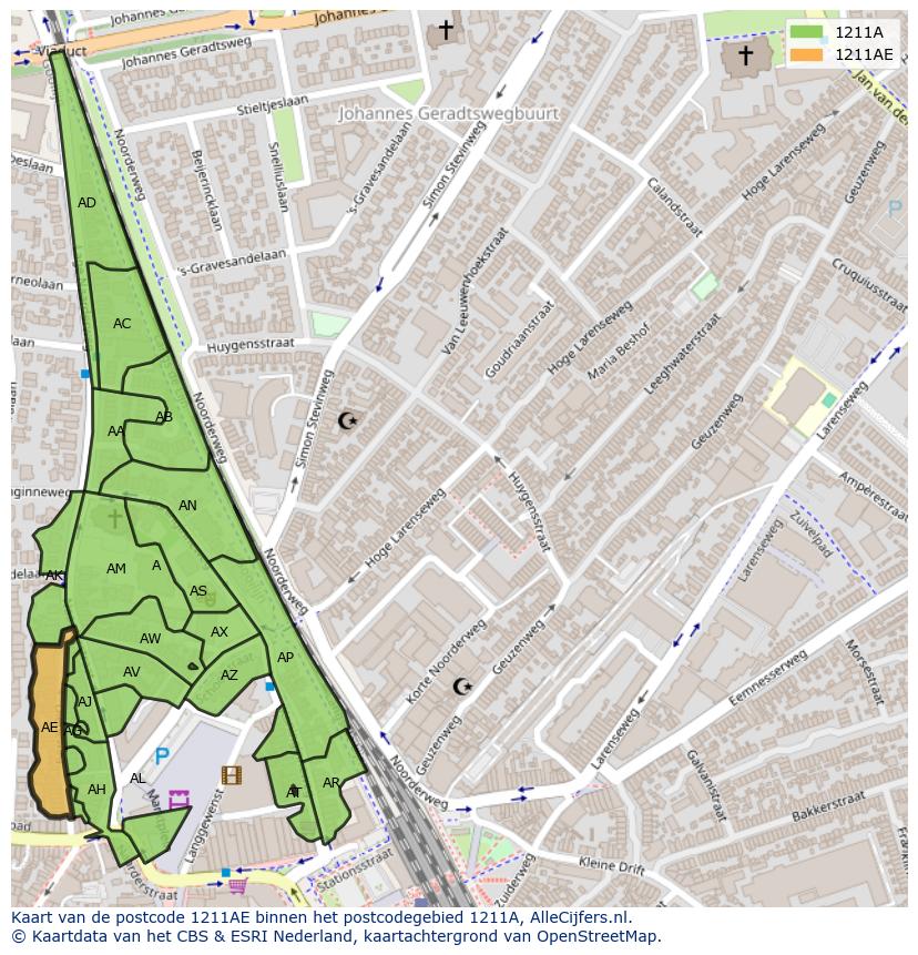 Afbeelding van het postcodegebied 1211 AE op de kaart.