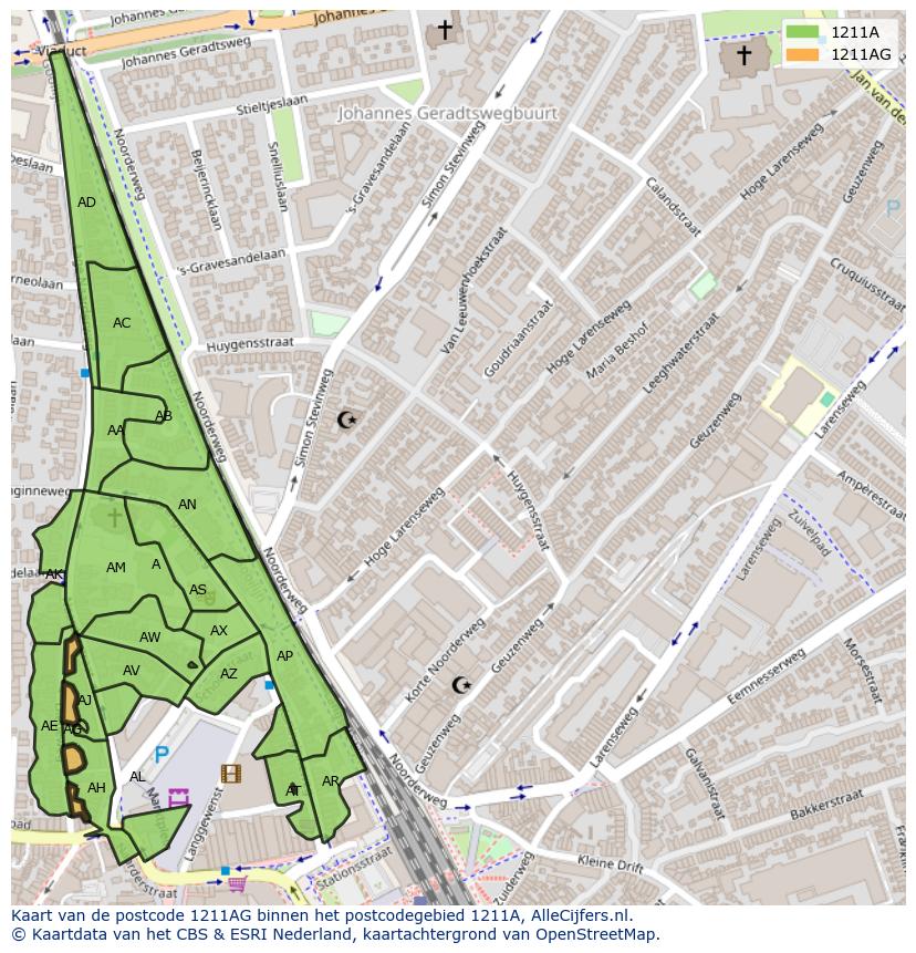 Afbeelding van het postcodegebied 1211 AG op de kaart.