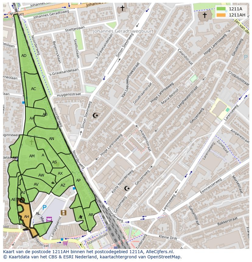 Afbeelding van het postcodegebied 1211 AH op de kaart.