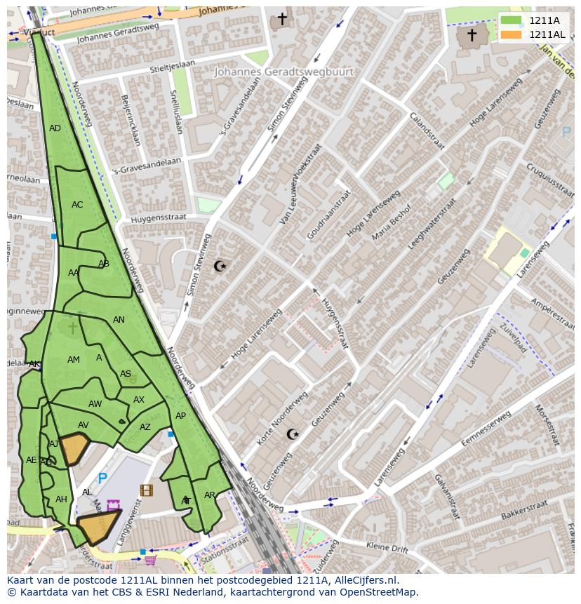 Afbeelding van het postcodegebied 1211 AL op de kaart.