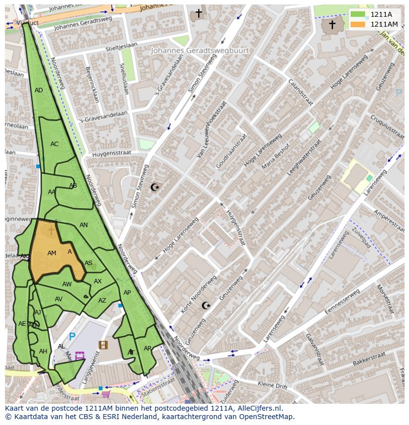 Afbeelding van het postcodegebied 1211 AM op de kaart.