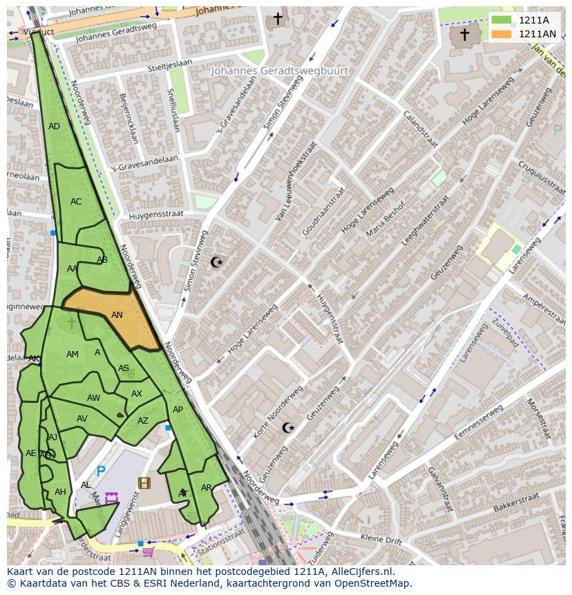 Afbeelding van het postcodegebied 1211 AN op de kaart.