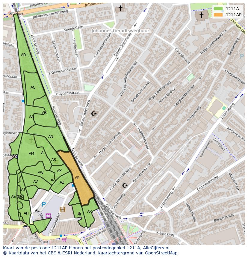 Afbeelding van het postcodegebied 1211 AP op de kaart.