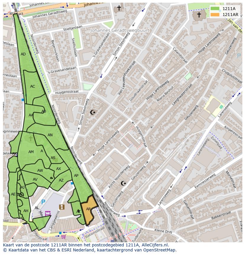 Afbeelding van het postcodegebied 1211 AR op de kaart.