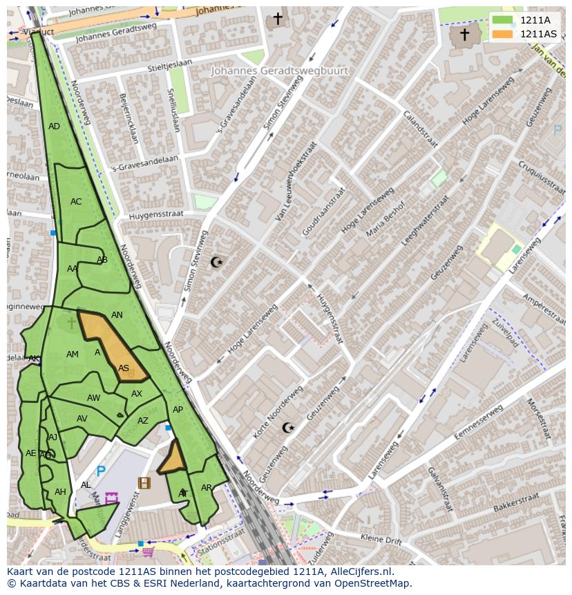 Afbeelding van het postcodegebied 1211 AS op de kaart.
