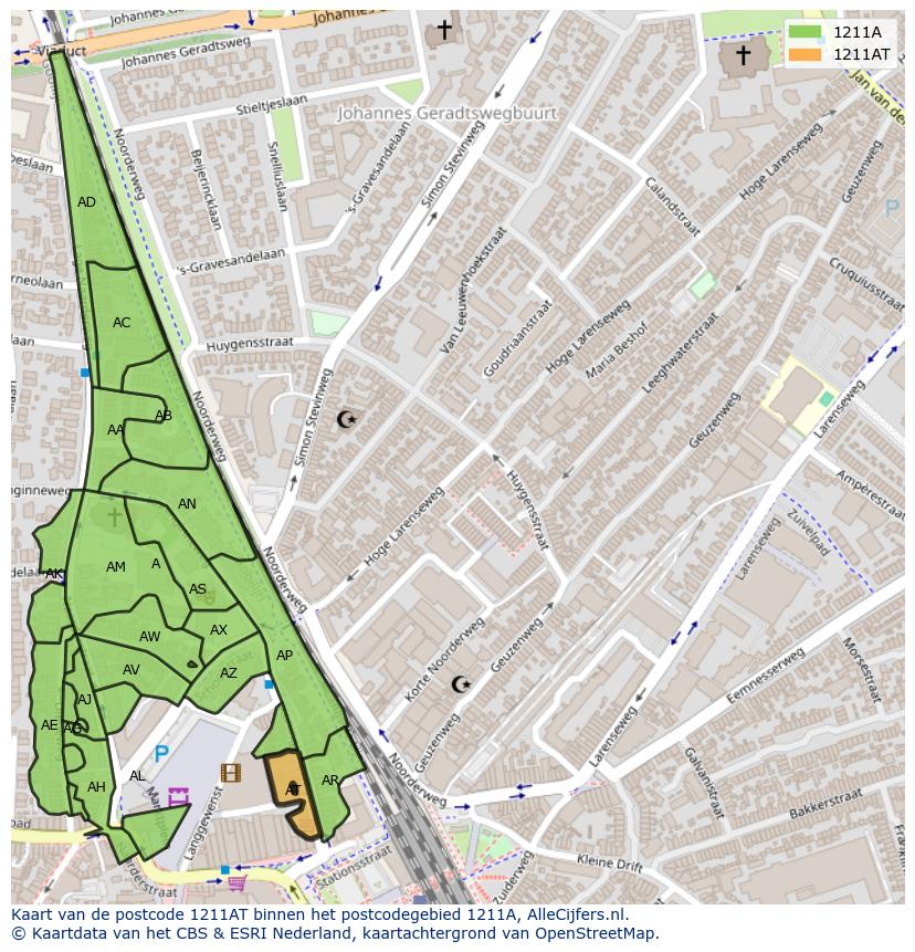 Afbeelding van het postcodegebied 1211 AT op de kaart.