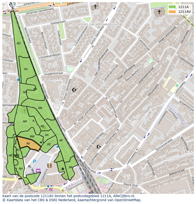 Afbeelding van het postcodegebied 1211 AV op de kaart.