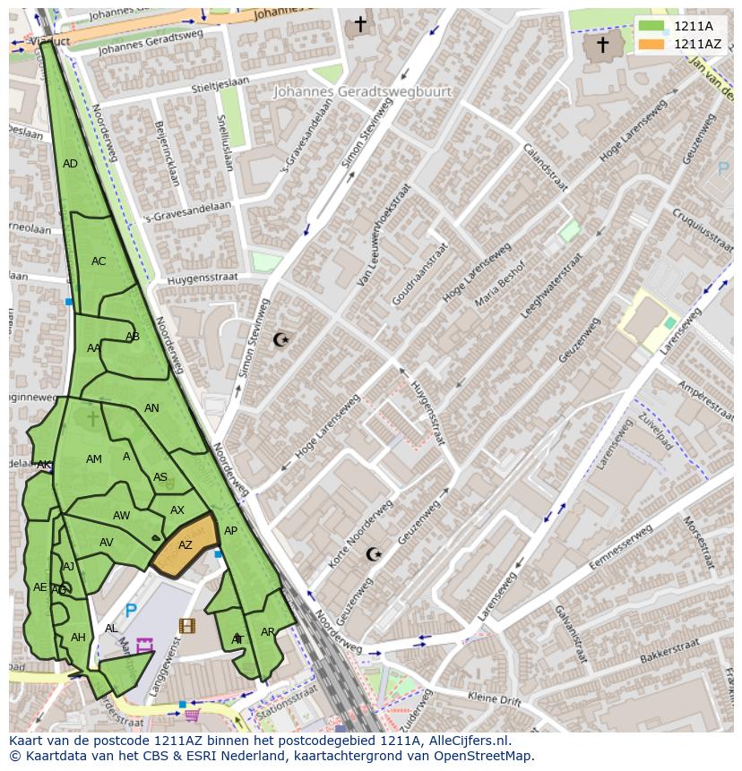 Afbeelding van het postcodegebied 1211 AZ op de kaart.