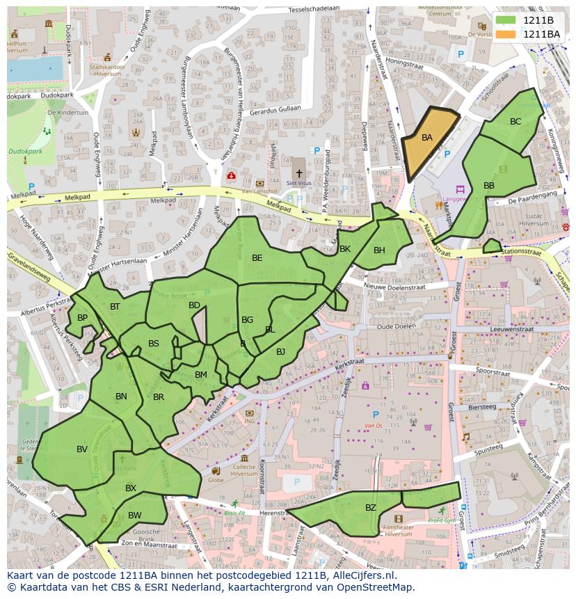Afbeelding van het postcodegebied 1211 BA op de kaart.