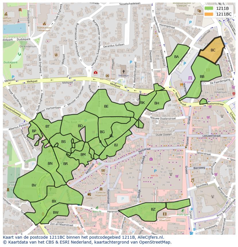 Afbeelding van het postcodegebied 1211 BC op de kaart.