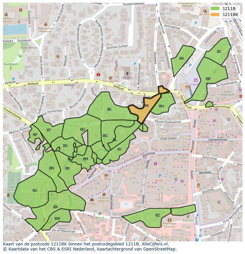 Afbeelding van het postcodegebied 1211 BK op de kaart.
