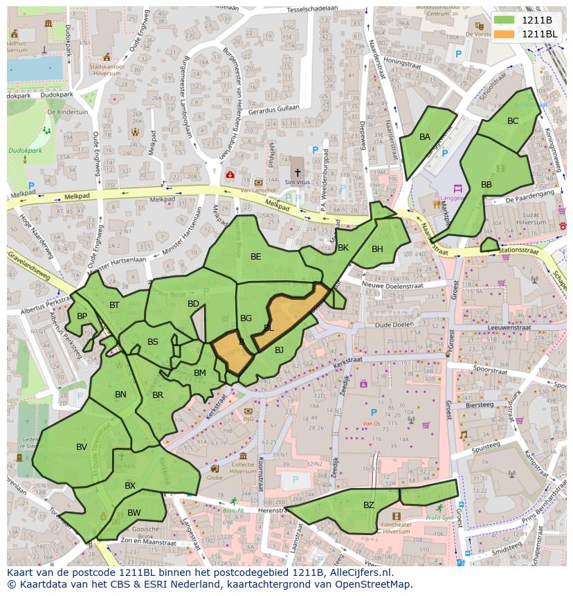 Afbeelding van het postcodegebied 1211 BL op de kaart.