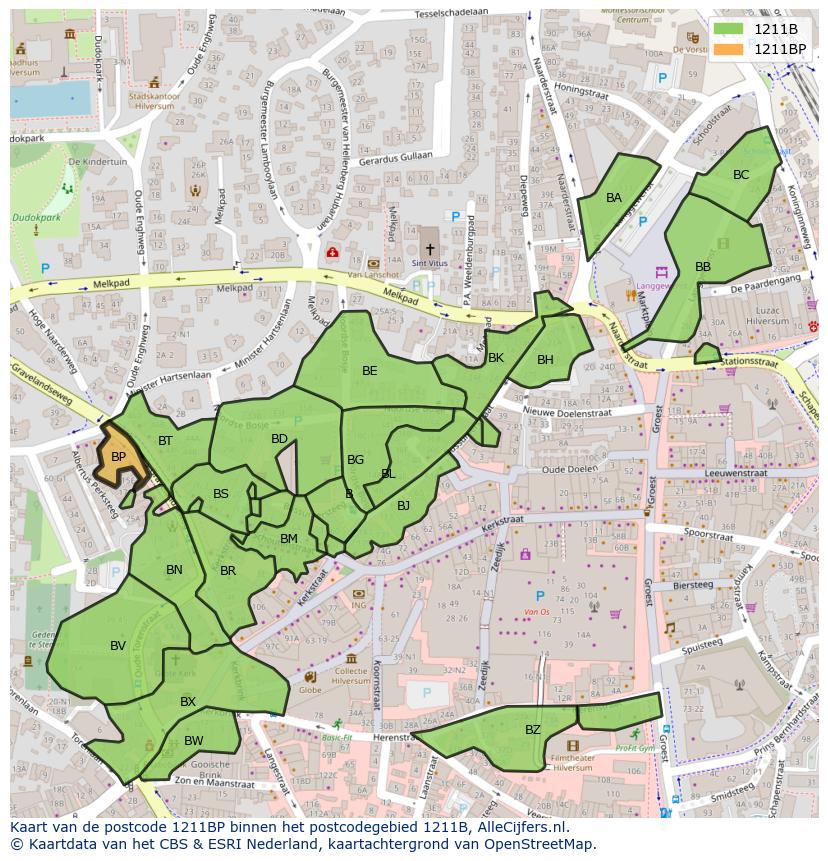 Afbeelding van het postcodegebied 1211 BP op de kaart.